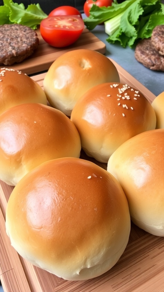 Freshly baked golden hamburger buns on a wooden board, ready for burgers.